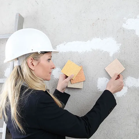 jefa de obra con casco de seguridad blanco coloca muestras de color en pared